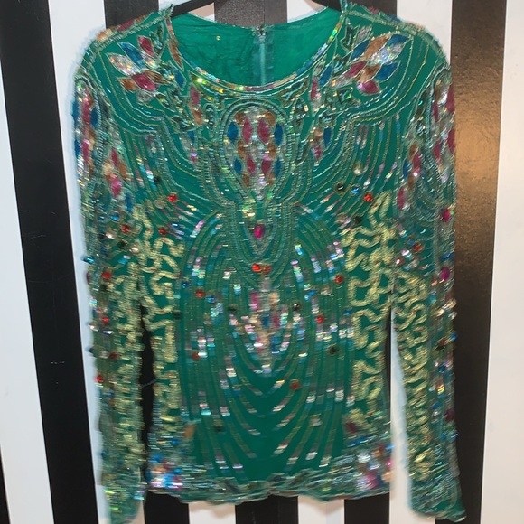 1980s Vintage Fully Embellished Sequin/Silk Emerald Green Long Sleeve Top Small - Picture 3 of 17